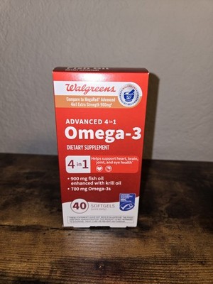 NIB WALGREENS ADVANCED 4-IN-1 OMEGA-3 DIETARY SUPPLEMENT, 40 SOFTGELS, EXP 06/27