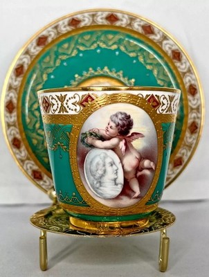 19th Century Mintons Green Sevres-Style Cup And Saucer 22k Bundle