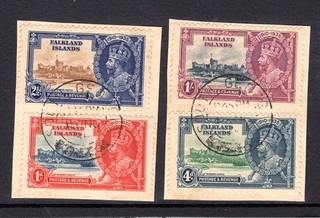 FALKLAND ISLANDS KGV 1935 SILVER JUBILEE sg139 142 FINE USED ON PIECE CAT £16