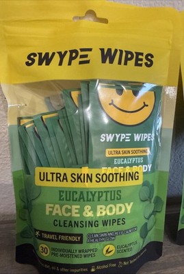New Swipe Wipes Ultra Skin Soothing Eucalyptus Face &Body Cleansing Travel Wipe