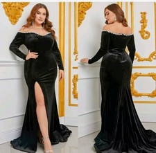 Elegant Off Shoulder Split Thigh Velvet Mermaid Dress Pearl Rhinestone Black 