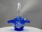 Fenton Cobalt Blue Hand Painted Floral Art Glass Mini Basket Signed 4.5" x 4.75"