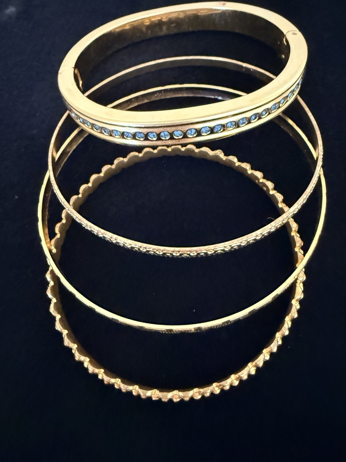 Gold Tone Stackable Bangle Bracelet Set Hinged Fa… - image 3