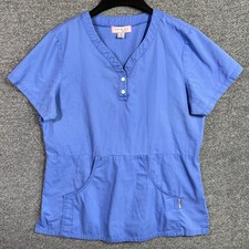 Koi Scrub Top by Kathy Peterson Womens L Blue Henley Flower Button