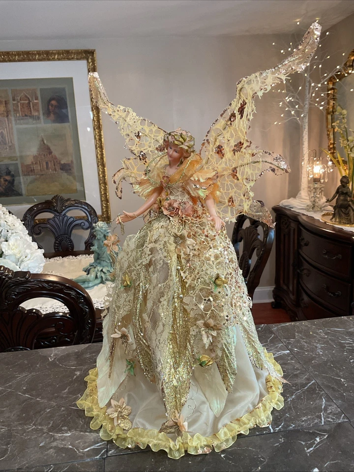 圣诞仙女天使树上衣金色和象牙色美丽细节 18 英寸 — 第 4/4 张图片