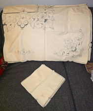 Vintage Floral Stamped Linen Tablecloth Napkins Set Hand Embroidery Pattern