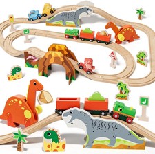 Wooden Train Set, Dinosaur Wooden Train Track Set, Wood Toy Train Set for Toddle