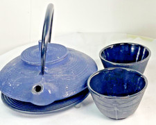 Blue Cast Iron Enameled Teapot With Stand And 2-Black Cups Dragonfly Designs