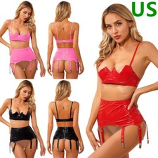 Women Faux Leather Outfits Bra Top Garter Wetlook Shiny Lingerie Set Clubwear