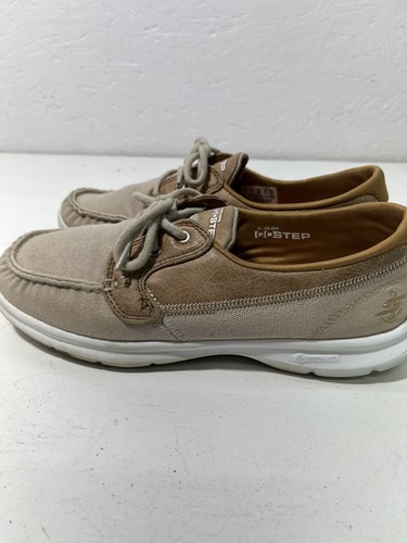 SKECHERS Size 8 GO STEP GOGA MAX Boat Shoes Womens Canvas Brown Embroidered Lite