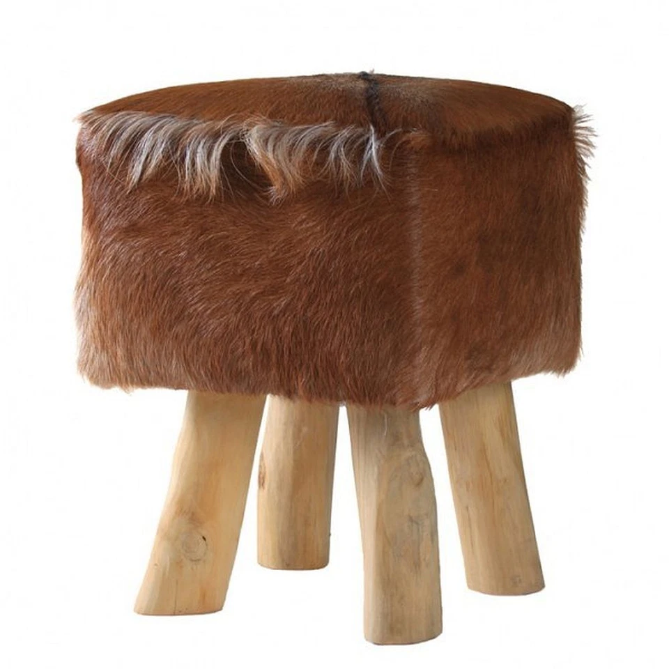 Hocker aus Teakholz und Ziegenfell 30 x 42 cm Sitz-Hocker Schemel wohnfreuden - Bild 3 von 3