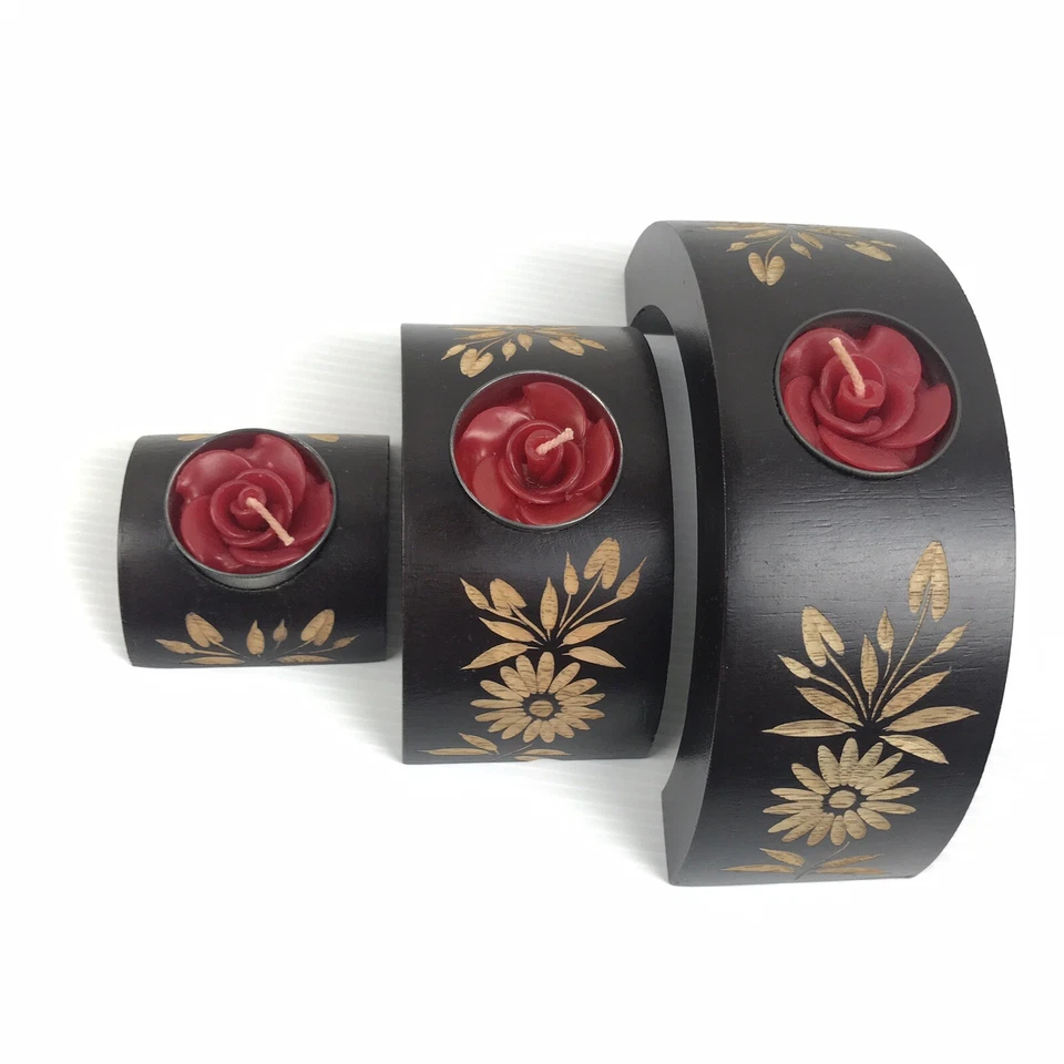 Candelabro + Velas 3 Piezas Diseñado y Decorado Madera Maciza, NUEVO-Nunca Usado Foto 4 de 4