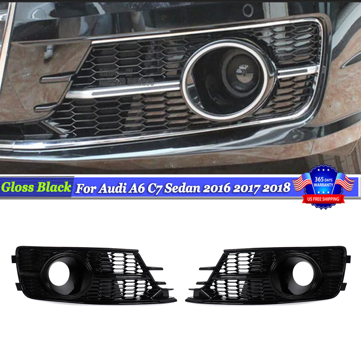 For Audi A6 C7 2016-2018 Black Honeycomb Front Fog Light Cover w/Fog Lamp Holes