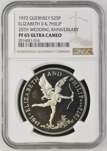 1972 Guernsey 25 Pence Silver Proof NGC PF65 Ultra Cameo - Cupid - 25th Wedding