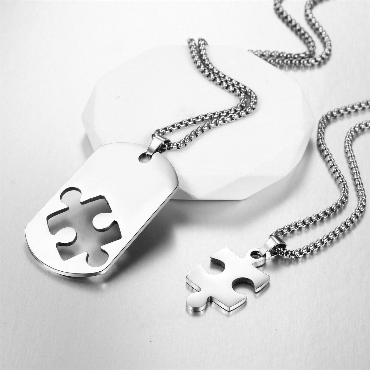 Couple Dog Tag Necklaces - Stainless Steel Matching Set, Faith Or Crown Design, 19.7" Chain