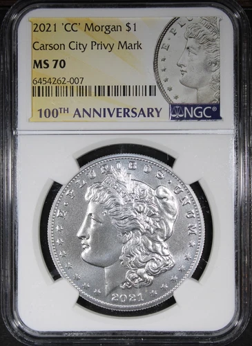 2021-CC Morgan Dollar NGC MS70 Carson City Privy Mark 100th Anniversay Holder
