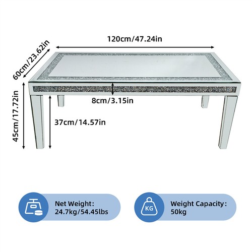 120CM Silver Mirrored Coffee Table Crushed Diamond Reception Table Home Office - Picture 14 of 16