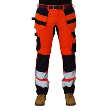 Mens Hi Vis Work Trousers 3 Line Stitching Cordura Knee Pockets Heavy Duty