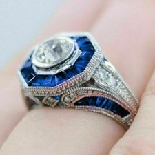 Art Deco 2.8CT Lab Sapphire  CZ Solitaire Engagement Ring Silver Valentine Gift