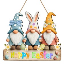 Gnomes Easter Door Sign, Wooden Easter Wreaths for Front Door Decor, Gnome Bu...