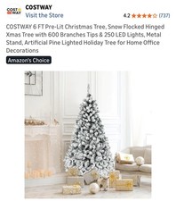 COSTWAY 6ft Pre-Lit Snow Flocked Christmas Tree w/ 250 LED Lights  Stand NIB