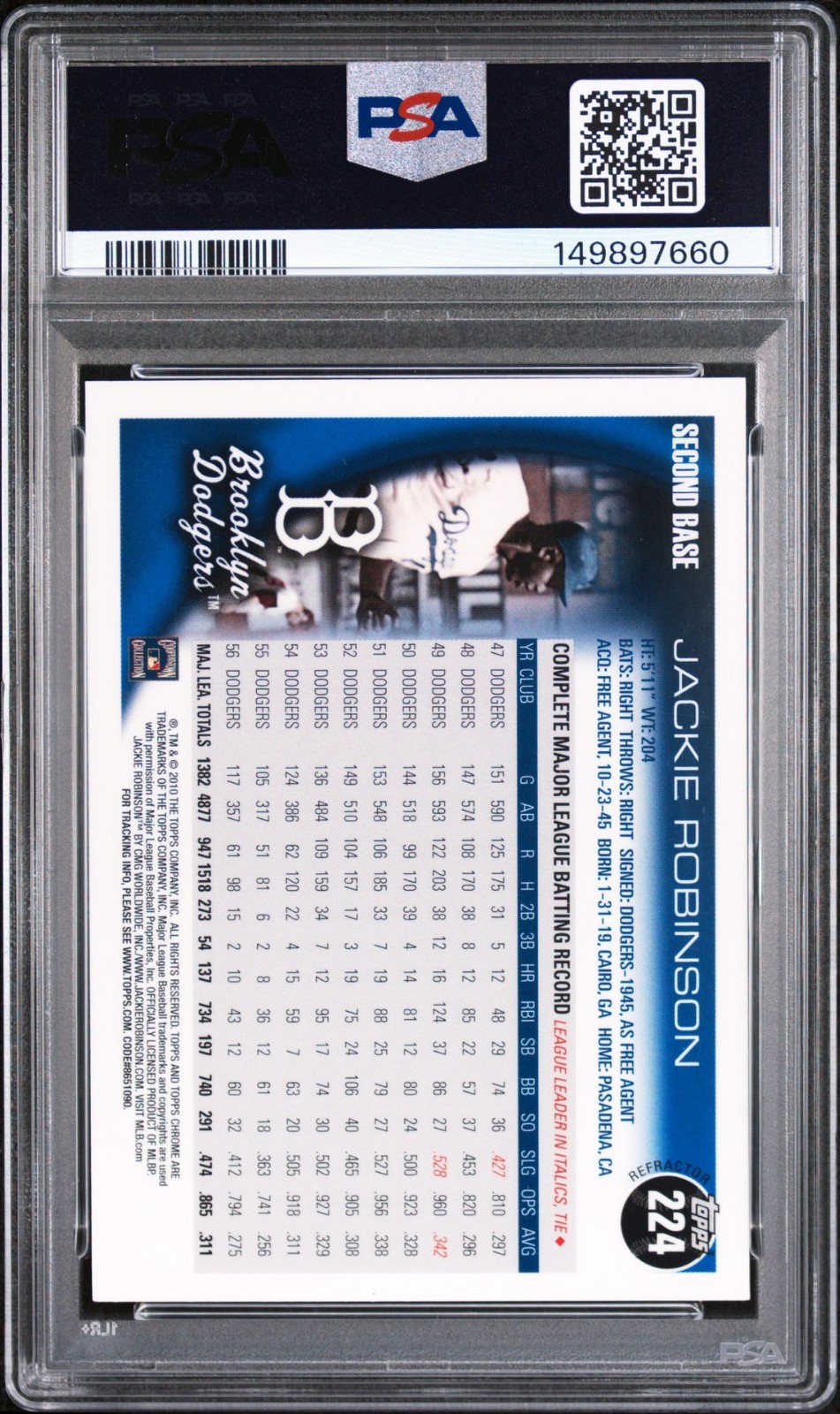 2010 TOPPS CHROME WRAPPER REDEMPTION JACKIE ROBINSON REFRACTOR #224 PSA 9 view 2