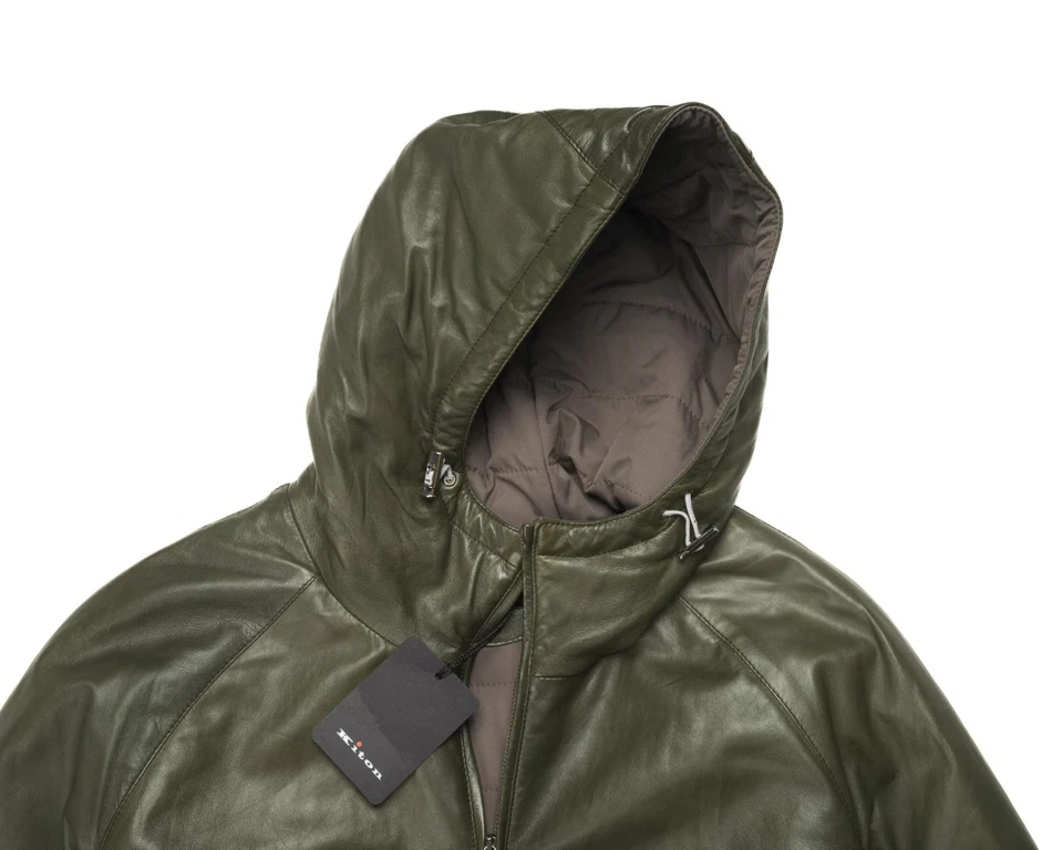 Kiton $12,780 Green Lambskin Insulated Cashmere Hooded Bomber Jacket (50 IT) M - Image 3 of 4