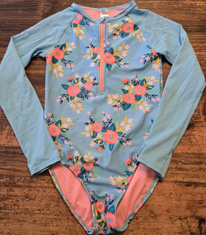 Cat & Jack Girls L (10/12) One-Piece Blue/Pink Floral Half Zip LS