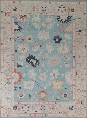 Handmade Light Blue Wool Bedroom Rug Vegetable Dye Oushak Turkish Rug 8x10 Ft 