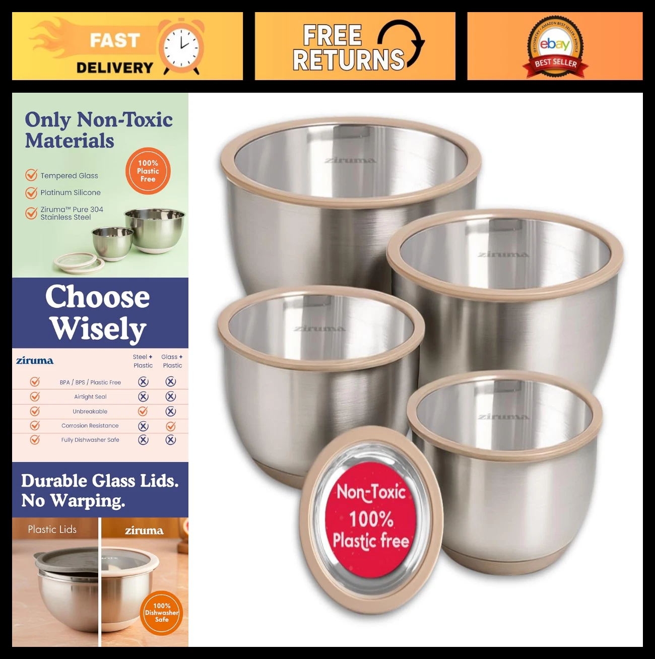 Non-Toxic Mixing Bowls Set with Lids, Stainless Steel & Glass, 5 Pcs, Dishwasher