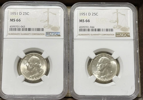 1951-D Washington Silver Quarter 25c NGC MS66 Lot Of 2 Bu Gem Uncirculated