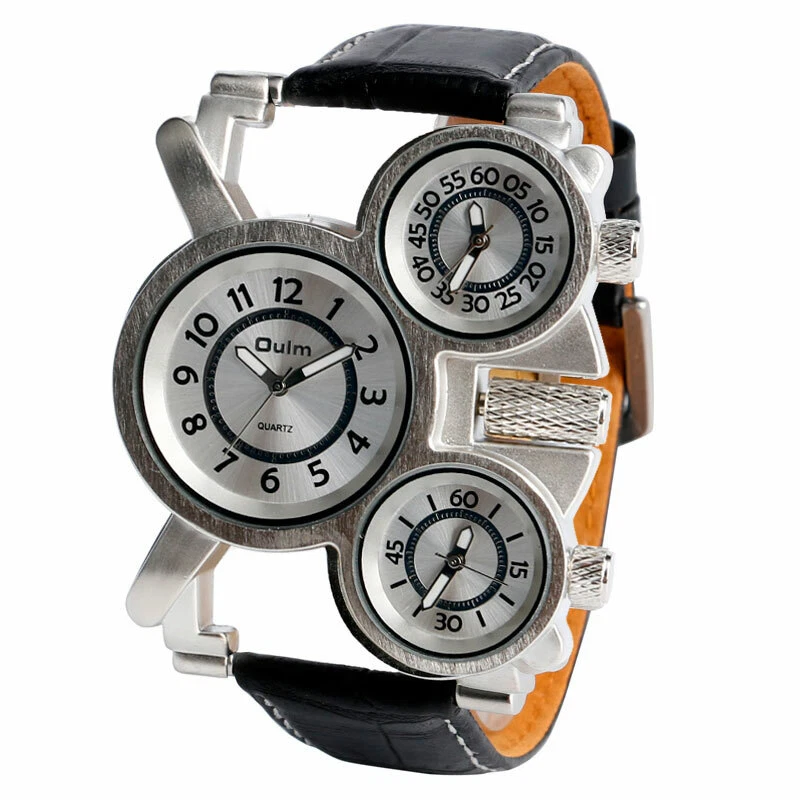 Oulm 石英手表 3 时区大表盘皮革表带钢表壳手表 — 第 3/4 张图片