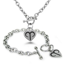 Stainless Steel Astrology Zodiac Dark Symbol Heart Charm Bracelet, Necklace, Set