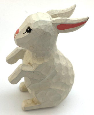 Bunny Rabbit Figurine White Wood Pink Ears Nose 4.75'' Easter Decor Cottage