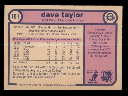 1982-83 O-PEE-CHEE HOCKEY #161 DAVE TAYLOR LOS ANGELES KINGS - Picture 2 of 2