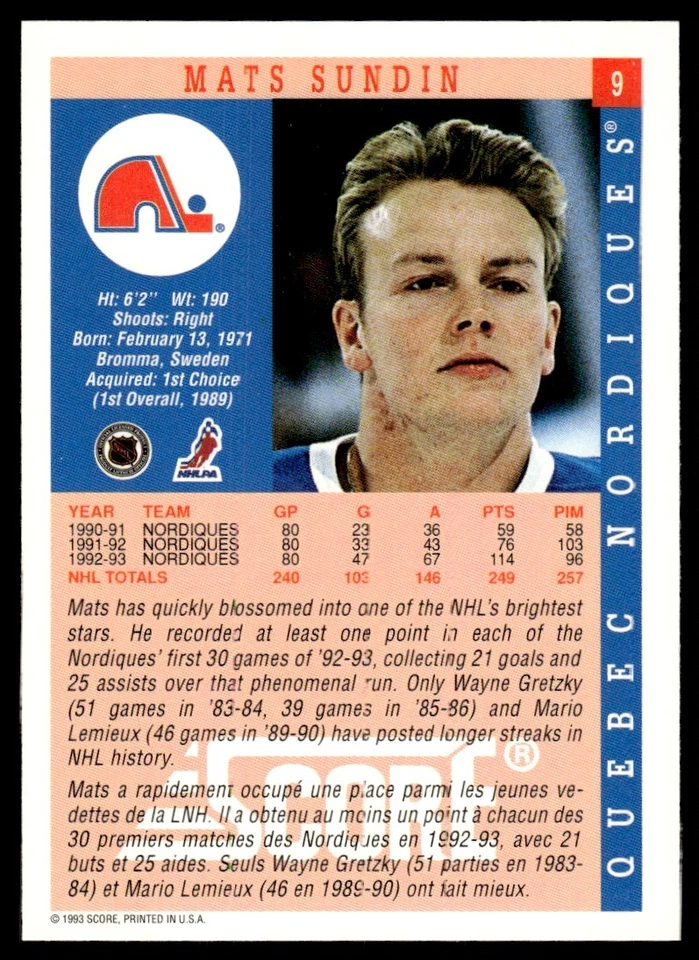 1993-94 Score Mats Sundin Quebec Nordiques #9 - Image 2 of 2