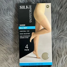 Silk Impressions Sheer Control Top Tights Womens Size XL Beige High Waisted