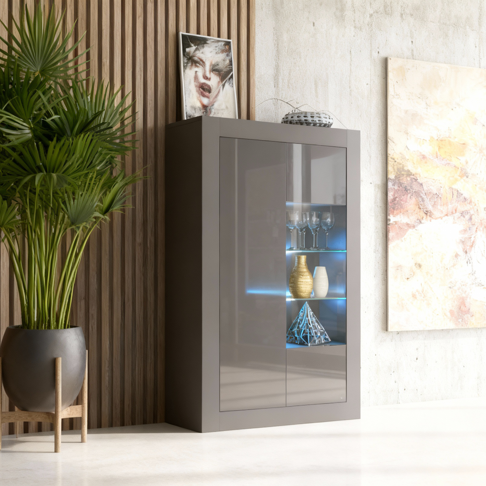 Display Cabinet Bookcase Storage Cabinet LED Glass Shelves Grey Gloss 140cm