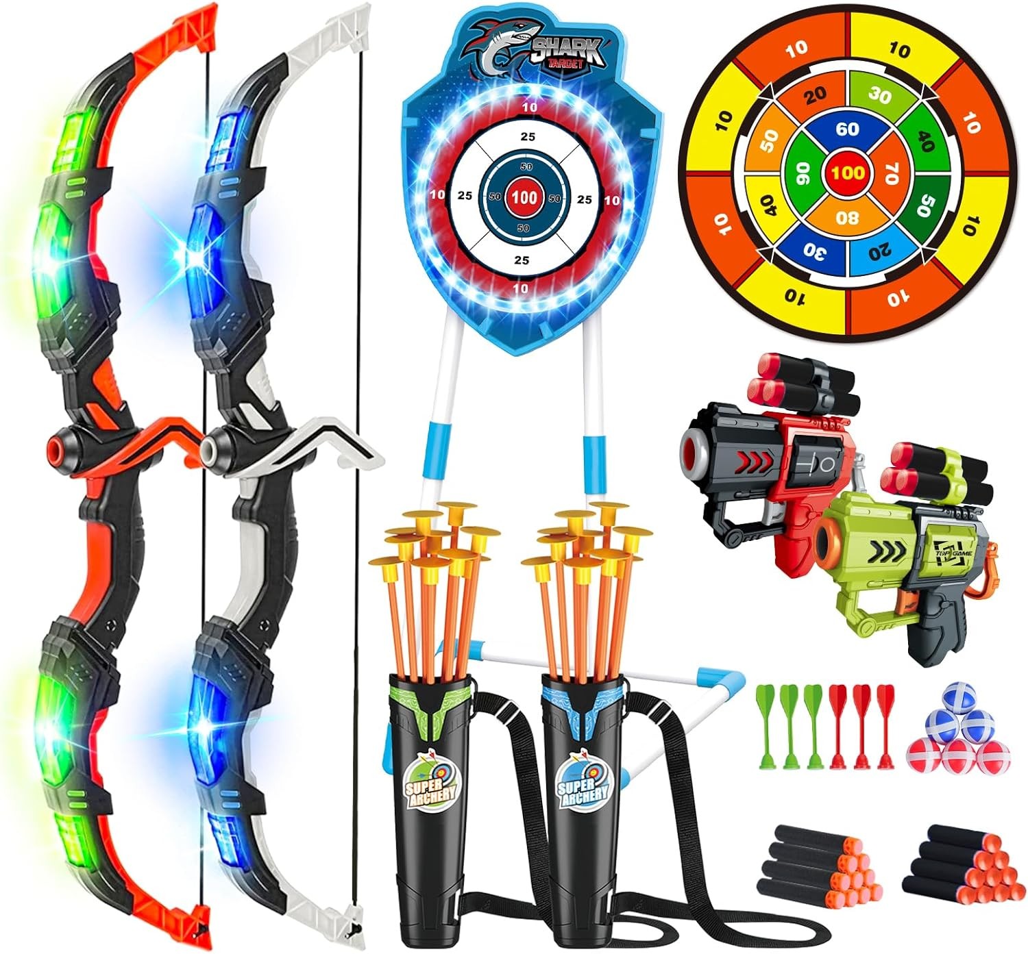 VATOS 2 Pack Bow and Arrow Toy with LED Light - 4 in 1 Archery & Dart Game Set