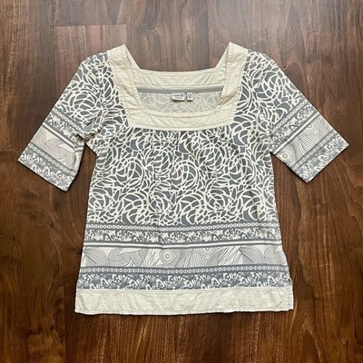 Espirit Gray & Ivory Patterned Top With Square Neck Short Sleeves Women's Size M