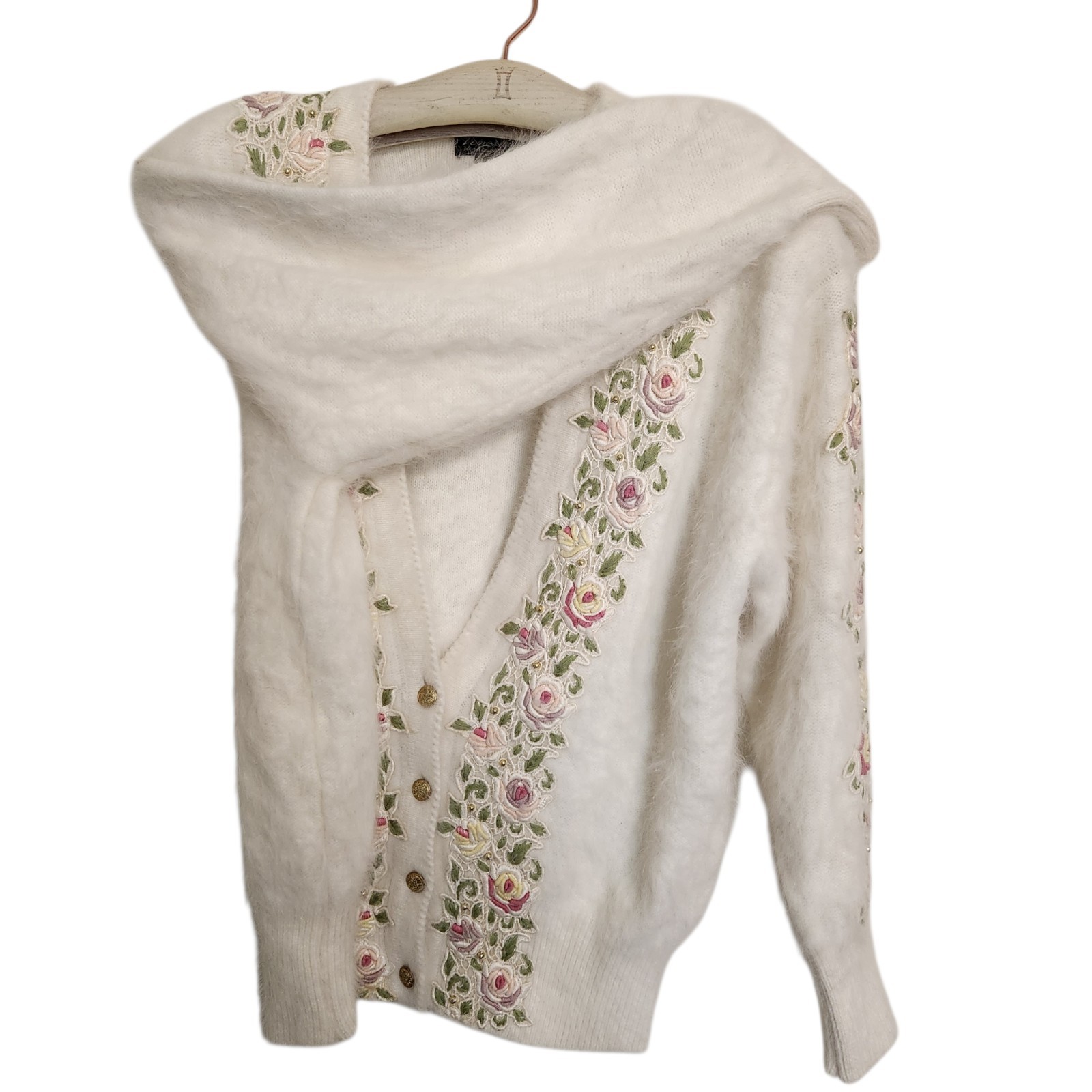 Vtg VENESHA High Quality Angora Cardigan&Sweater Set Applique Cream RARE Medium image 8