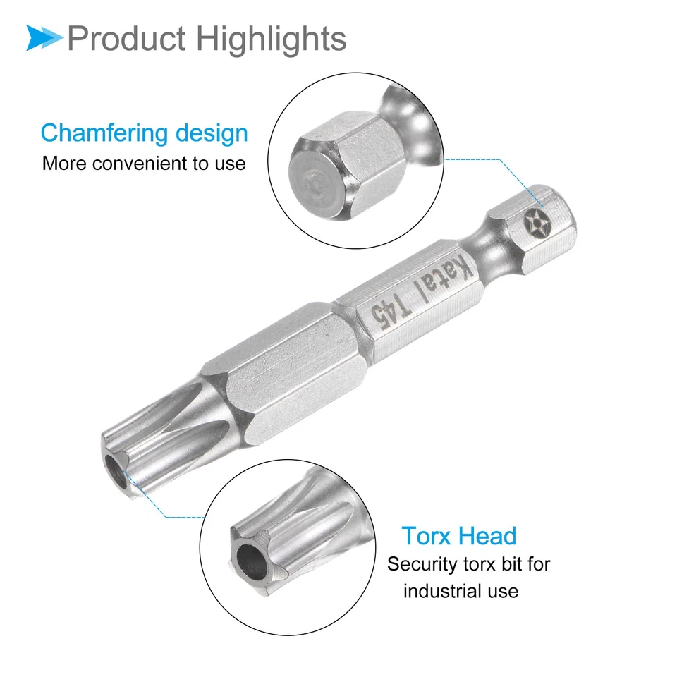 5PCS Magnetic Torx Bits T45 Head 1/4" Shank 2" 5 Point Tamper Proof Star - Imagem 4 de 4