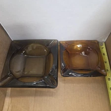 Amber Glass Ashtray Set o 2 vintage MCM Square Cigar Cigarette Ash Tray See Pics