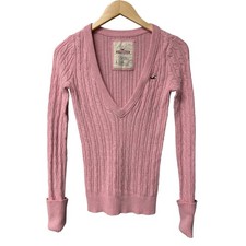 Hollister Vintage Pink Cable Knit V-Neck Sweater Womens L Y2K 2000s Coquette EUC