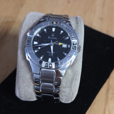 Bulova Marine Star Quartz Date Black Dial Silver Steel Bracelet 44mm 100m