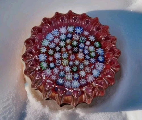 PETER McDOUGALL GLASS FLUTED PAPERWEIGHT CLOSE PACKED MILLEFIORI RED BASE