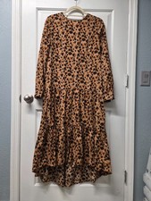 Shein Women's Dress Brown Size Medium Animal Print Tiered Long Sleeve Flared
