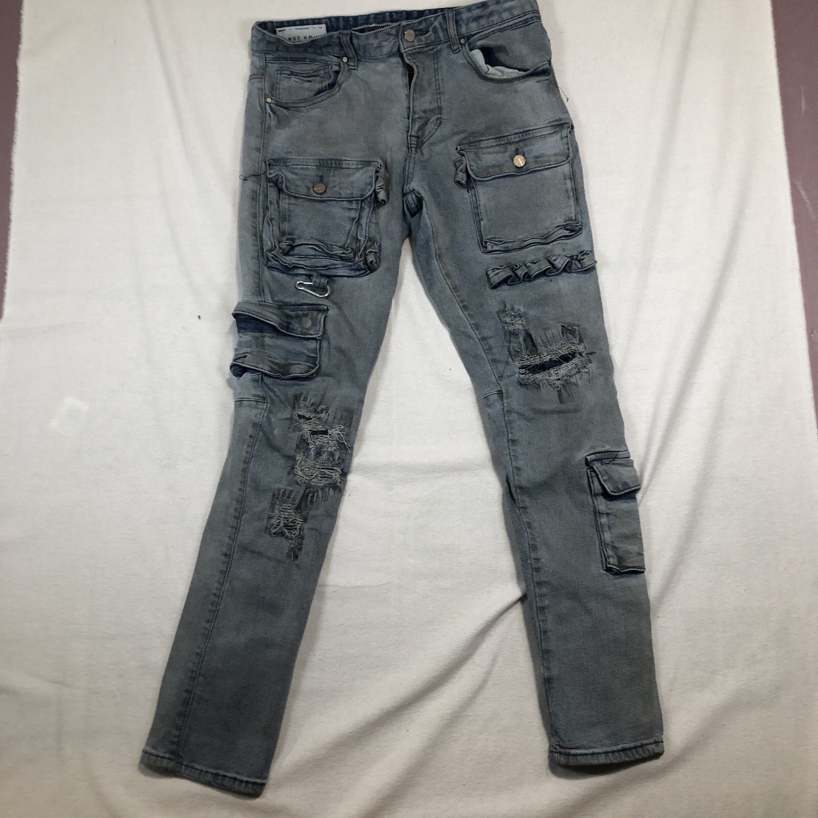 First Row Distressed Ripped Denim Patch Jeans Str… - image 2