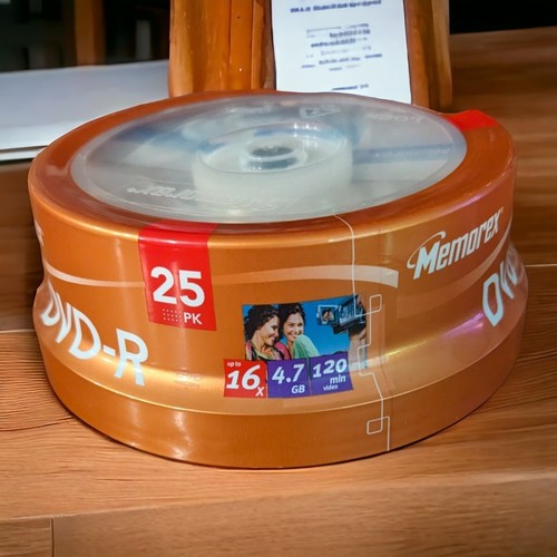 Nuevos discos grabables en blanco Memorex DVD-R sellados 16X 4,7 GB 120 min paquete de 25 husillos