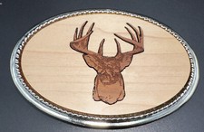 Buck Deer Belt Buckle Unbranded Two Tone Laser Cut Wood in Silver Tone Frame